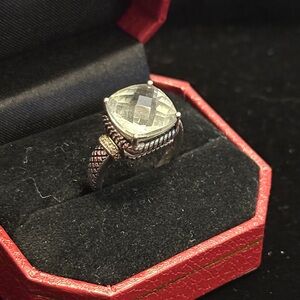 Elegant Silver Ring Gold Accents and Green Amethyst Gemstone Size 7